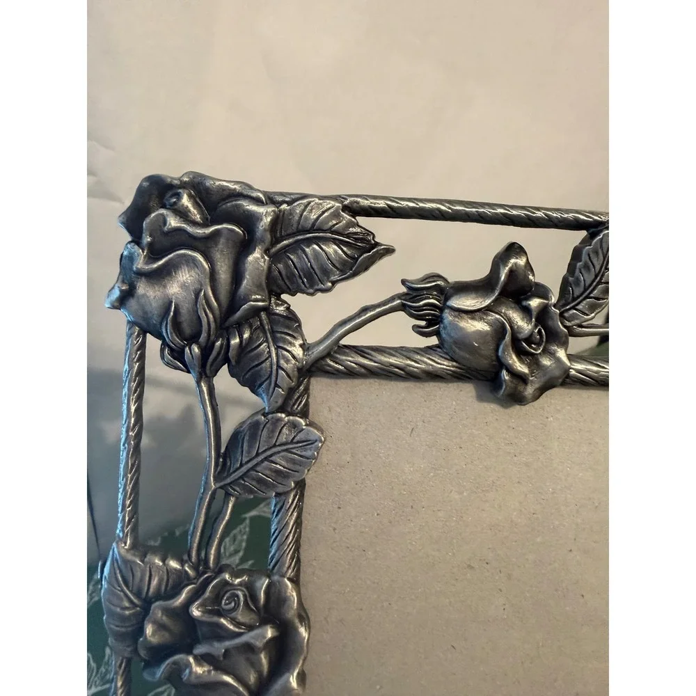 Vintage Style Pewter Tone Rose Floral 5x7 Picture Frame Ornate 3D Metal Silver